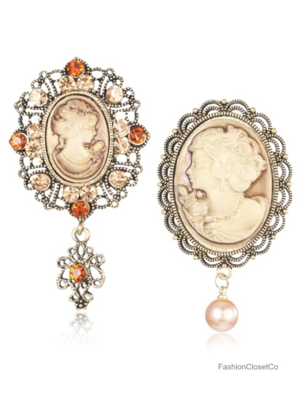2PC Vintage Victorian Cameo Brooch Pin Set Rhinestone Pearl Crystal